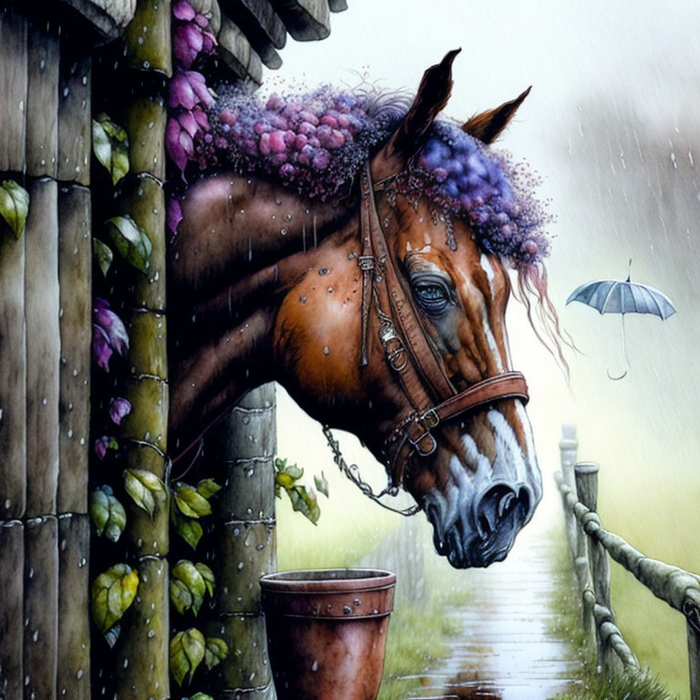 Whimsical flower-maned horse in stable during rainstorm