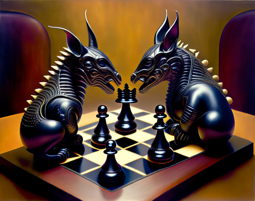 Fantastical dragon-like creatures playing chess in vibrant setting