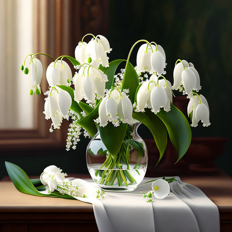 White Lily-of-the-Valley Flowers in Vase with Sunlight and Shadows