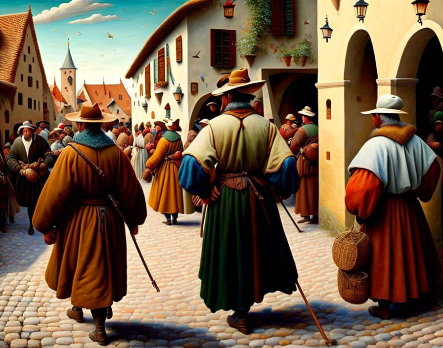 Medieval town scene with colorful townsfolk on cobblestone streets under clear blue sky