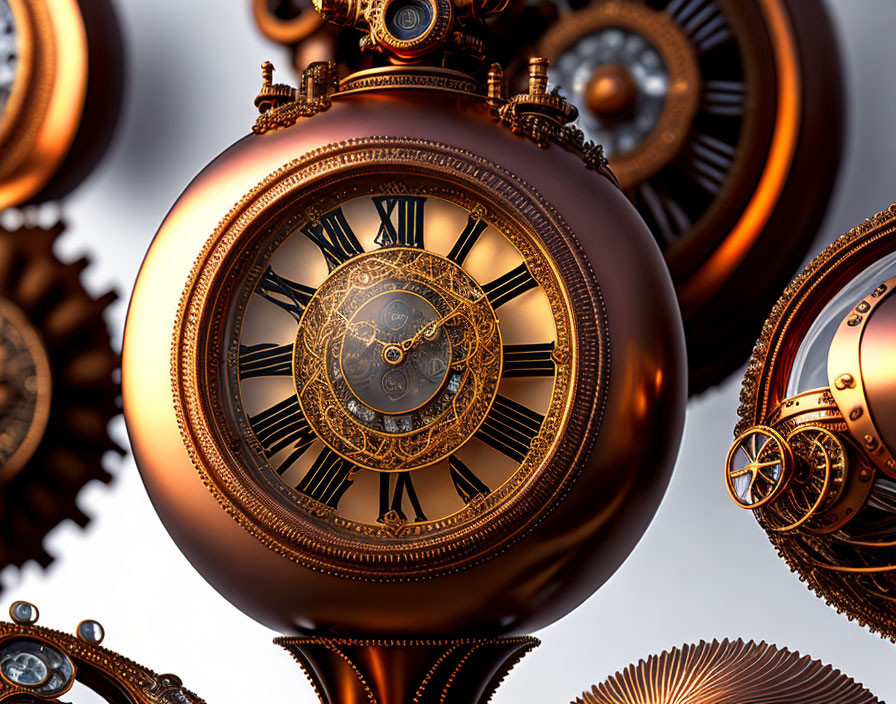 Intricate bronze spheres with clockwork designs in a steampunk setting