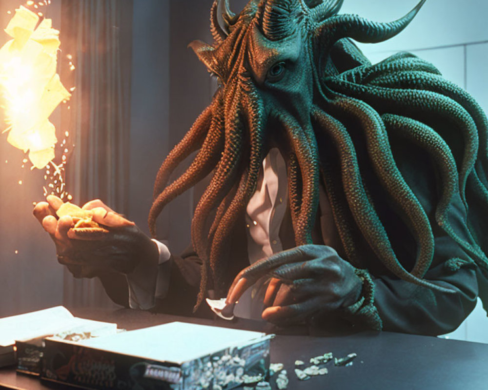 Tentacled creature in suit with glowing cubes at table