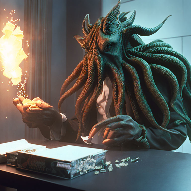 Tentacled creature in suit with glowing cubes at table