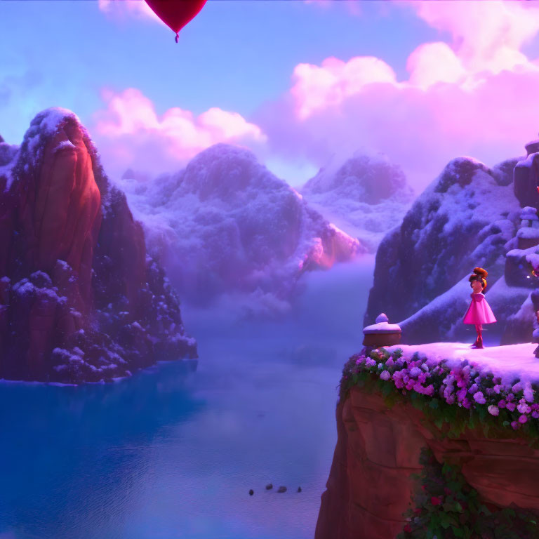 Vibrant animated scene: character in pink dress on cliff, snowy landscape, red balloon.