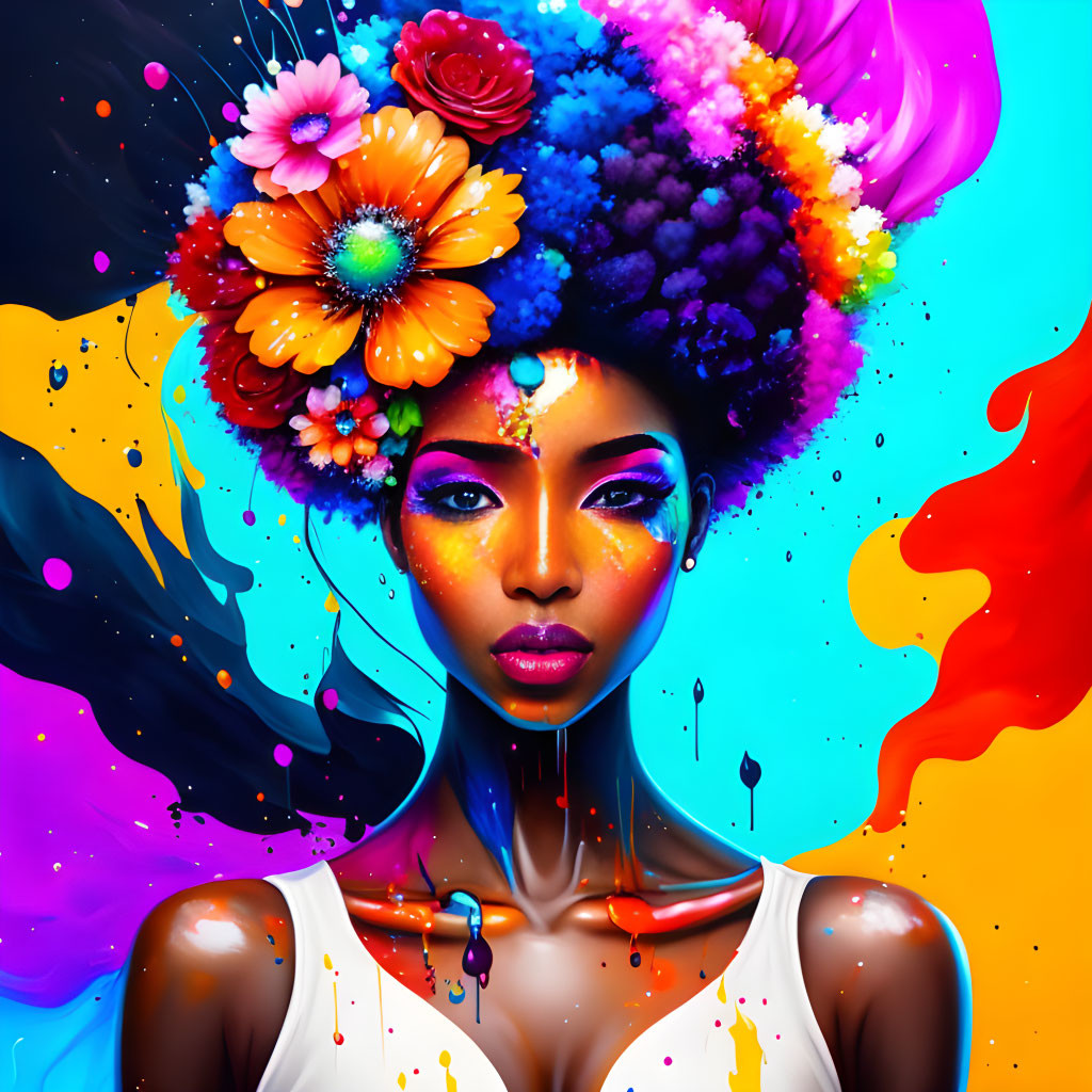 Colorful digital art featuring woman with floral headdress & vibrant makeup