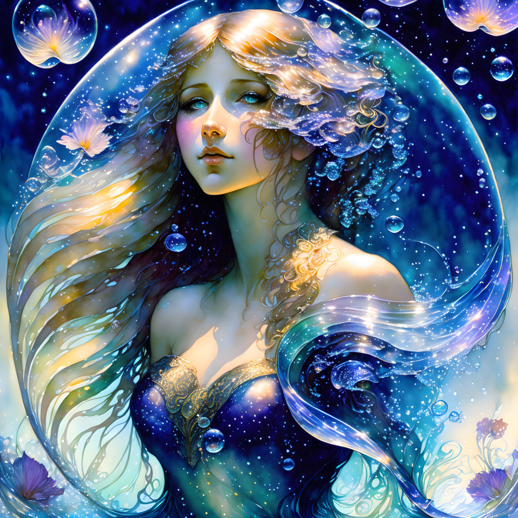 Fantastical illustration of woman with flowing hair in underwater scene