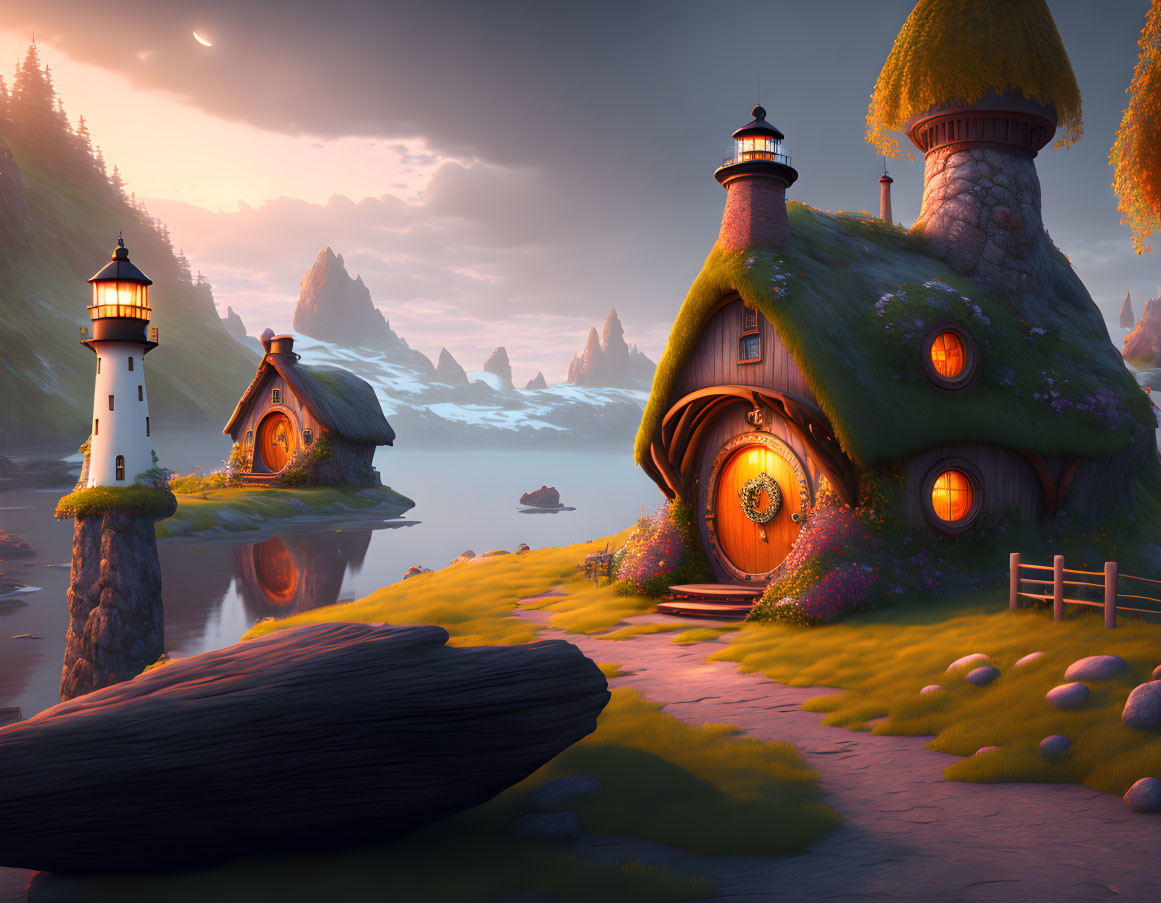 Riverside scene with hobbit-like houses, lighthouse, and warm sunset hues.