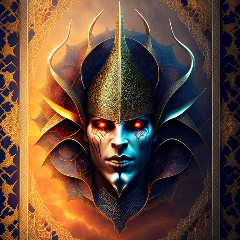 Fantasy character with regal crown and glowing red eyes on golden background