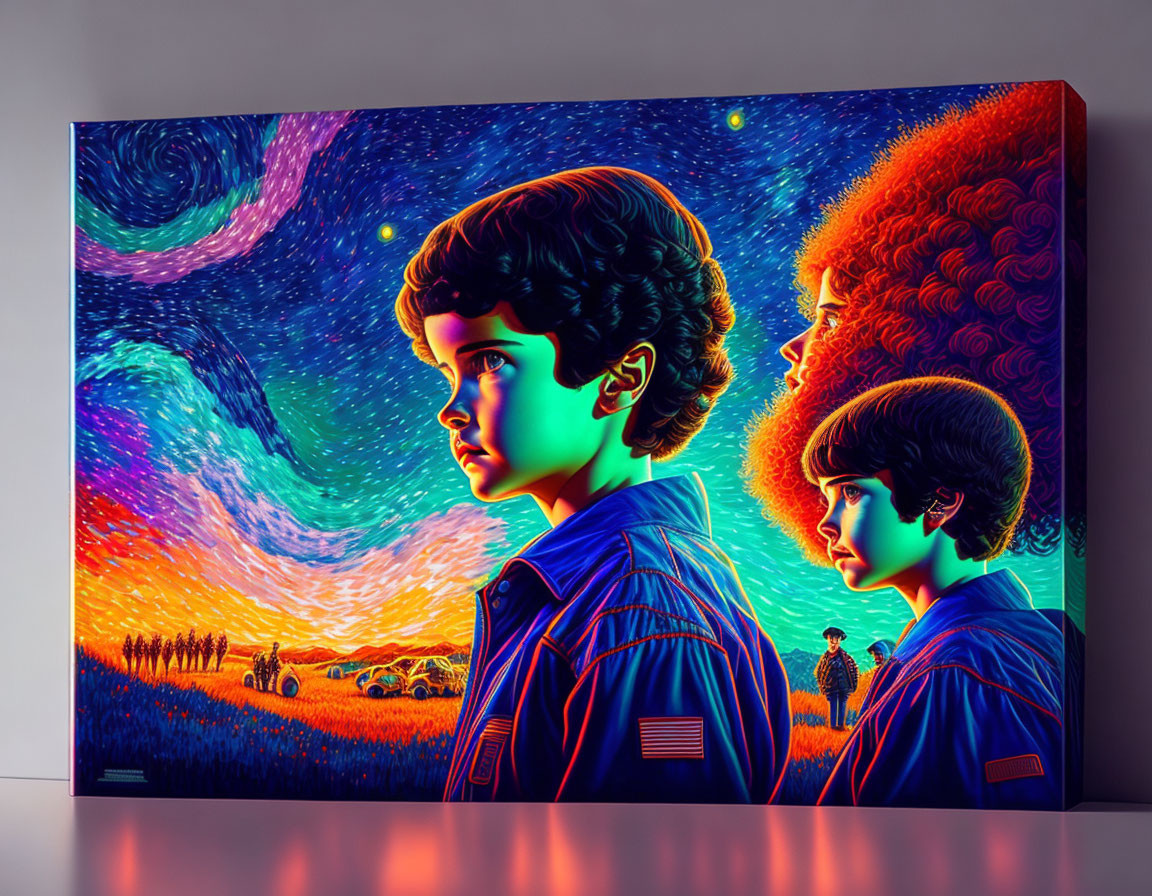 Colorful artwork: Two children with unique hairstyles under a psychedelic sky