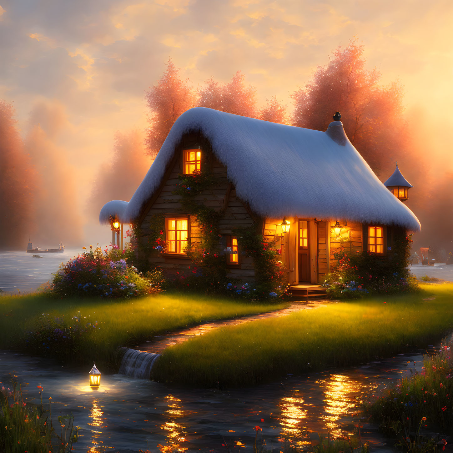 Thatched cottage by gentle stream at sunset