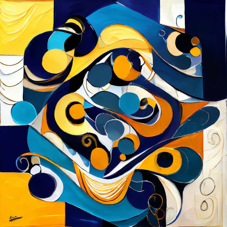 Vibrant Abstract Painting with Blues, Yellows, and Whites