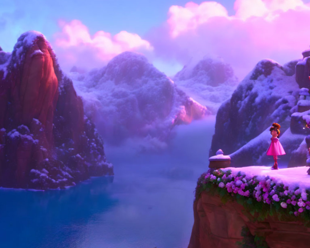 Vibrant animated scene: character in pink dress on cliff, snowy landscape, red balloon.