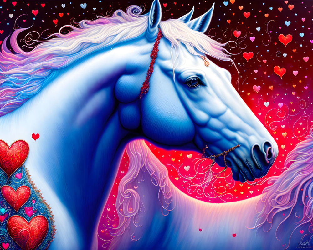 Colorful unicorn illustration on red and purple backdrop with hearts and multicolored mane