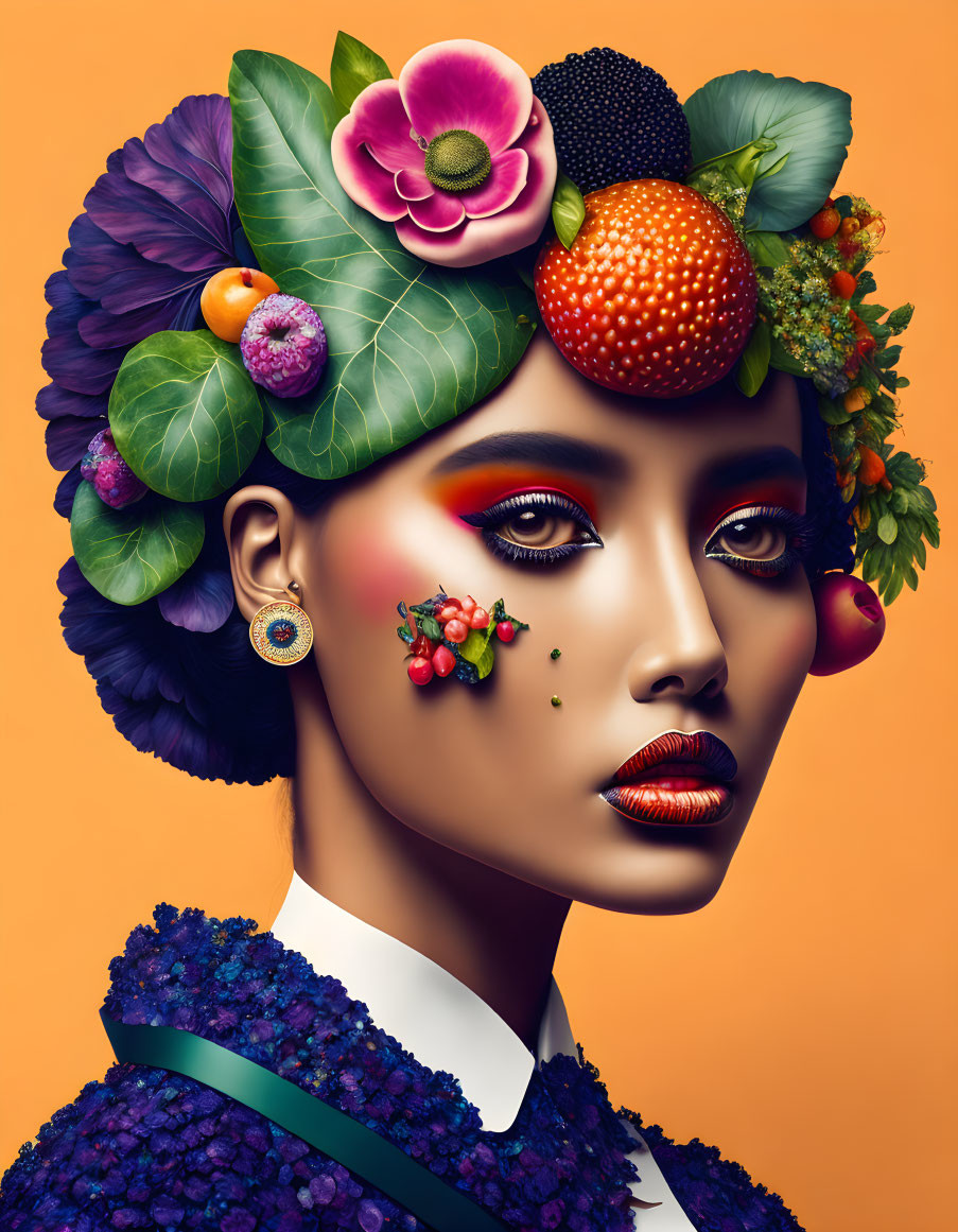 Colorful Fruit and Flower Headdress Portrait of Woman with Striking Makeup