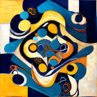 Vibrant Abstract Painting with Blues, Yellows, and Whites