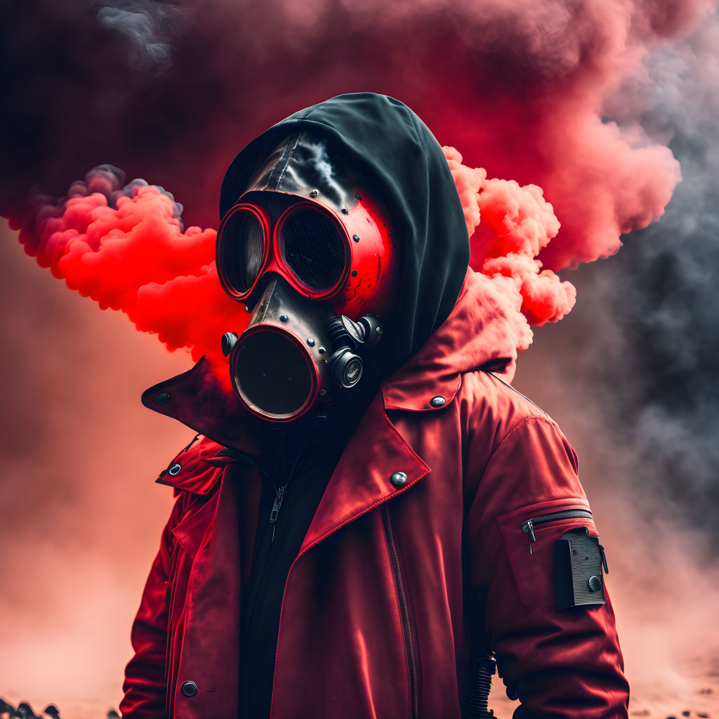 Person in gas mask and red jacket surrounded by red smoke on cloudy background