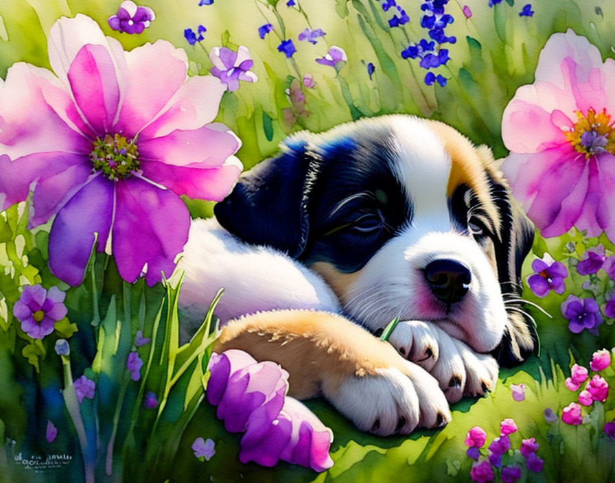 Saint Bernard puppy resting in colorful flower field with lush greenery