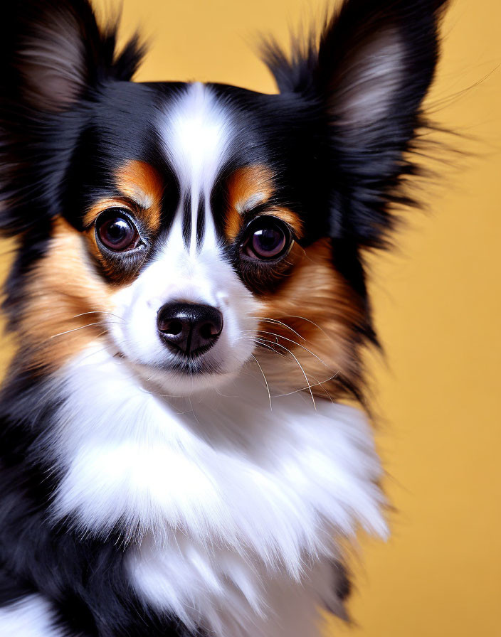 Tricolor Papillon Dog with Fluffy Ears on Yellow Background