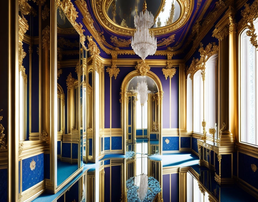 Luxurious Room with Blue and Gold Walls, Mirrored Floor, Crystal Chandeliers, and Intr