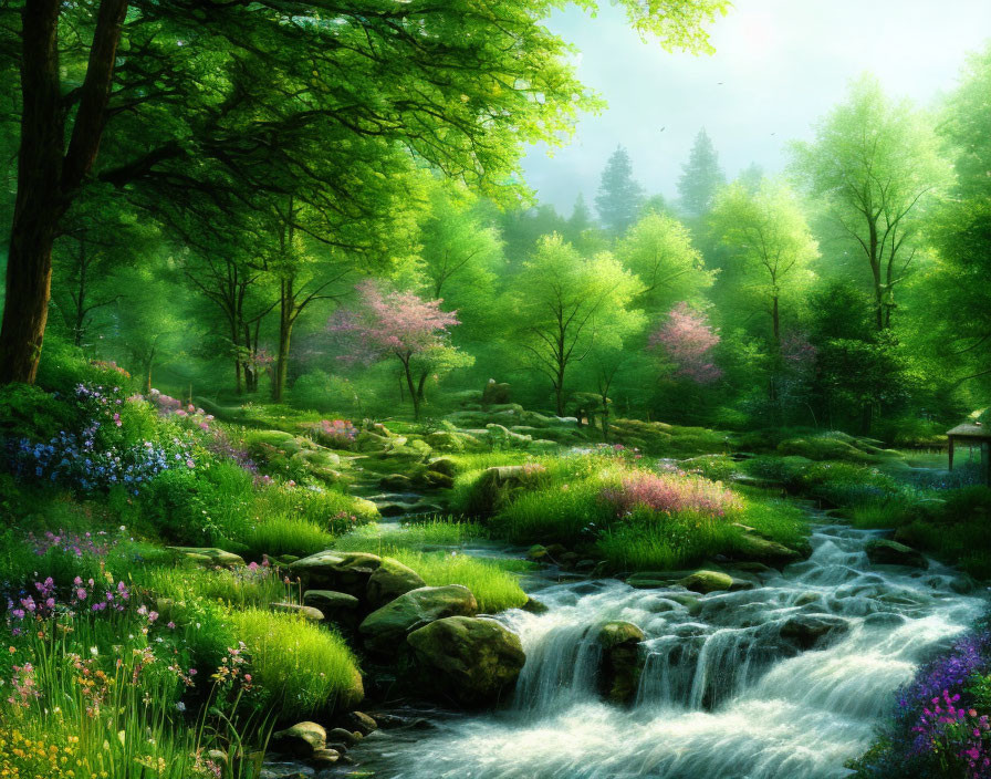 Tranquil landscape with babbling brook, blooming flowers, lush trees, waterfall.