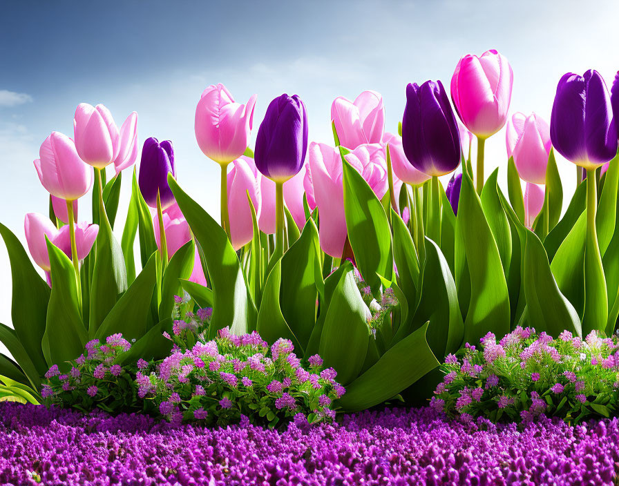 Colorful Tulips and Flowers Against Blue Sky