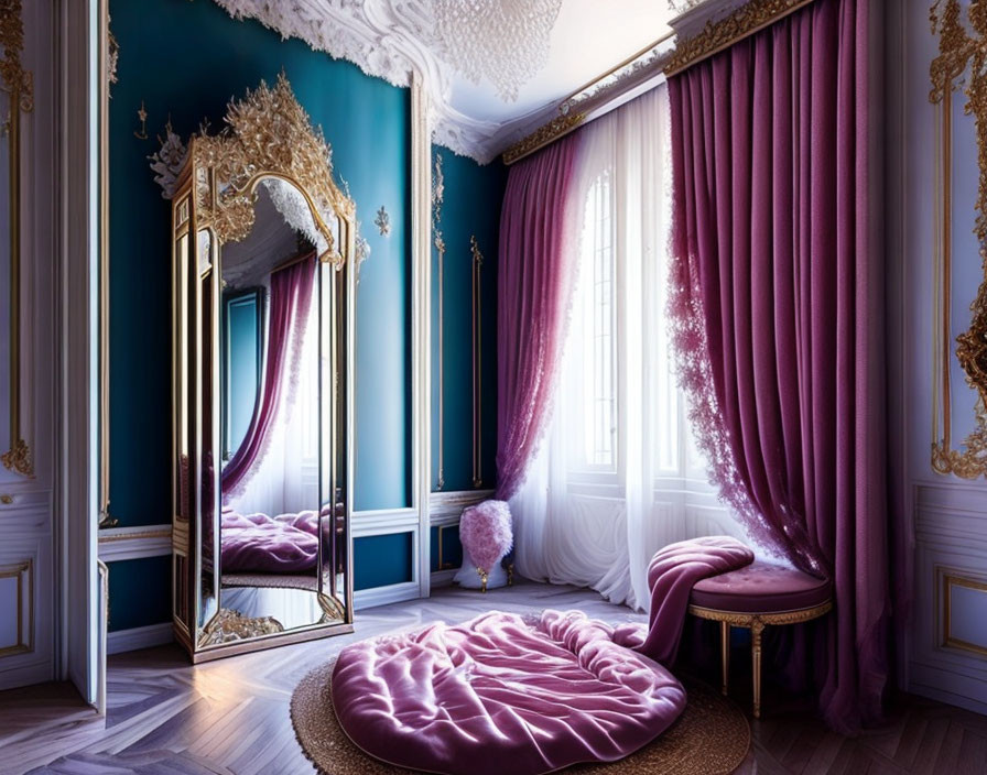 Luxurious Purple and Gold Bedroom with Large Mirror