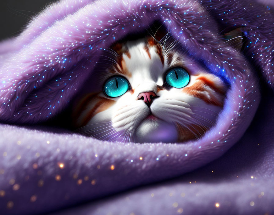 Fluffy cat with blue eyes in purple blanket