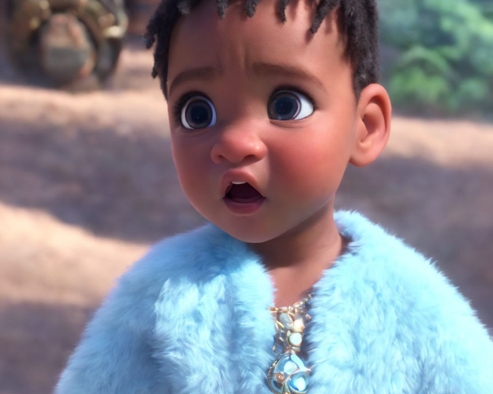 Wide-eyed animated baby in blue coat and jewel pendant with blurry background