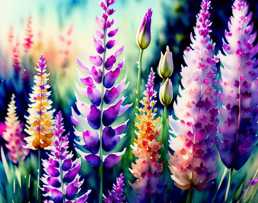 Colorful Watercolor Painting of Lupine Flowers in Soft Garden Scene