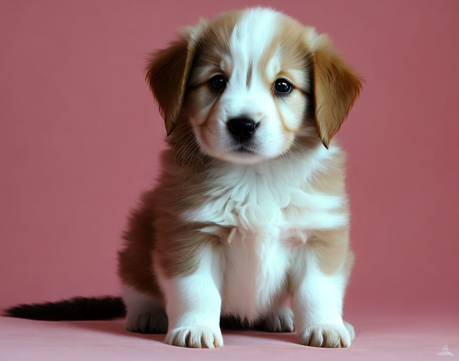 Tricolor fluffy puppy with big eyes on pink background