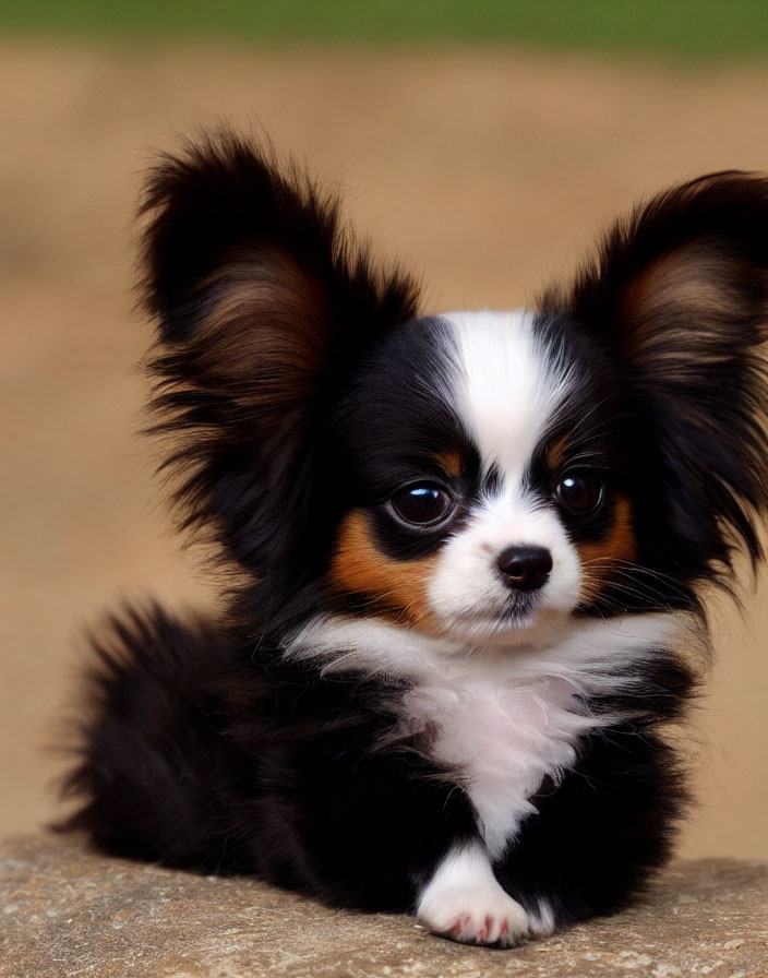 Fluffy Papillon Puppy with Tricolor Coat and Large Ears