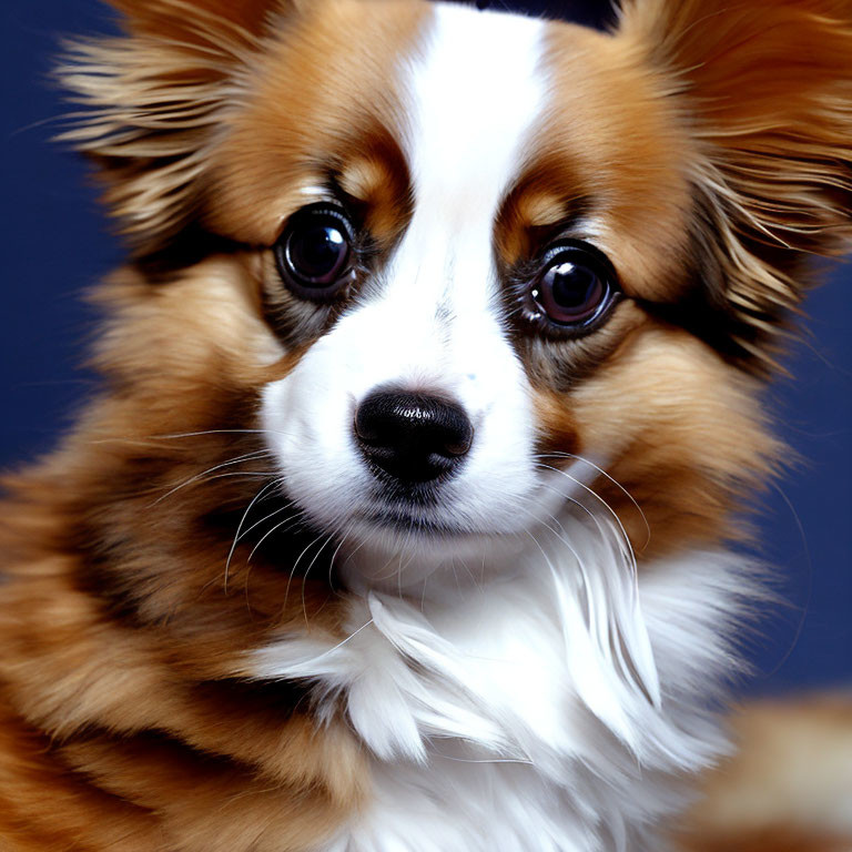 Brown and White Papillon Dog Close-Up on Blue Background