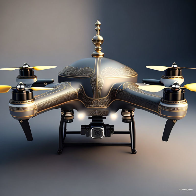 Gold-patterned drone with front camera on gradient background