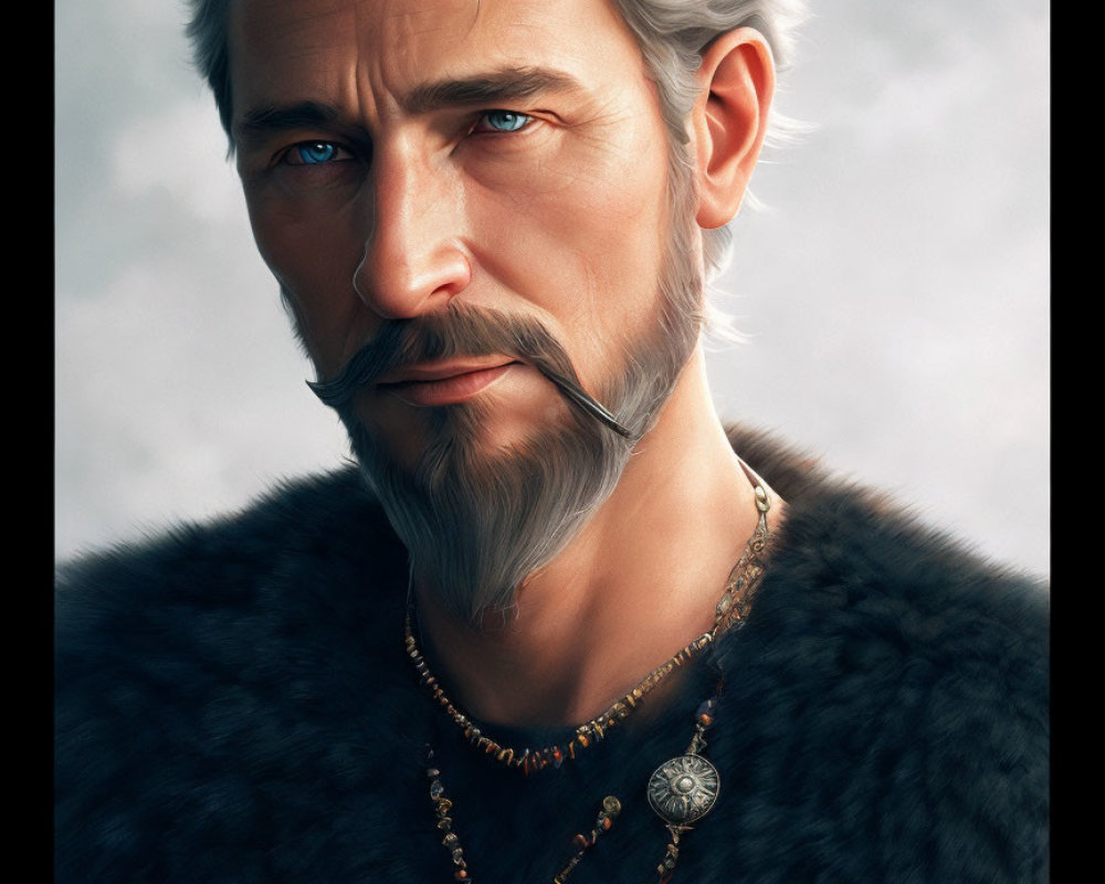 Detailed digital portrait of older man with grey beard, fur collar, and blue eyes