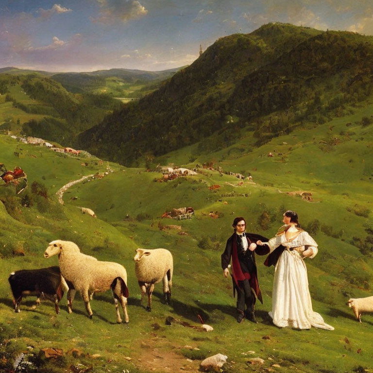 19th-Century Painting of Man and Woman Walking Among Sheep