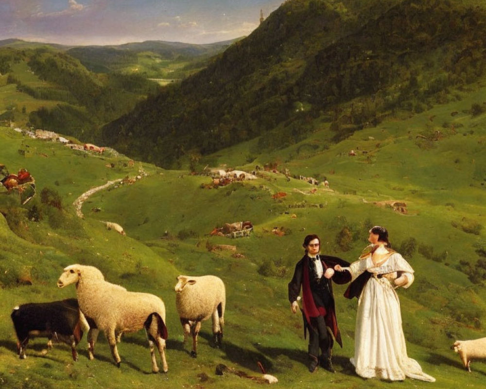 19th-Century Painting of Man and Woman Walking Among Sheep
