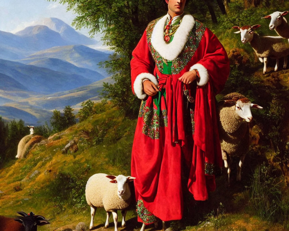 Traditional red and green attire portrait in pastoral landscape with sheep and mountains