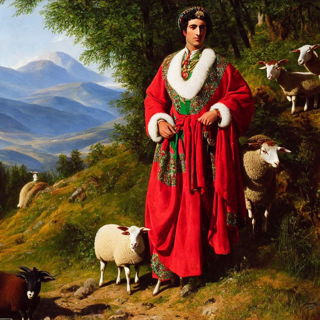 Traditional red and green attire portrait in pastoral landscape with sheep and mountains