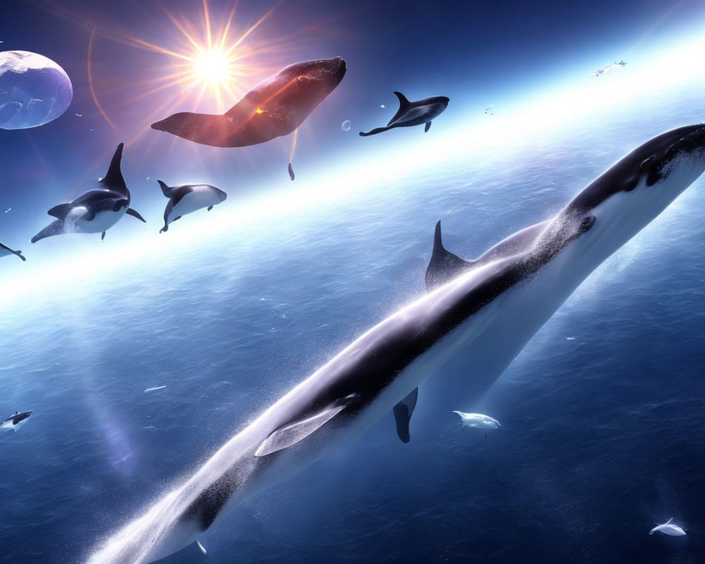 Surreal space scene: whales flying among planets and bright star