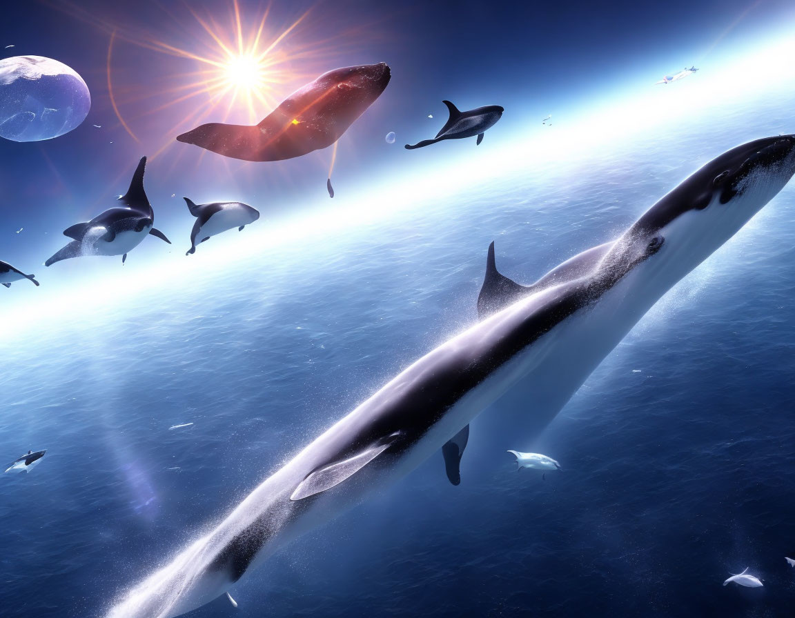 Surreal space scene: whales flying among planets and bright star