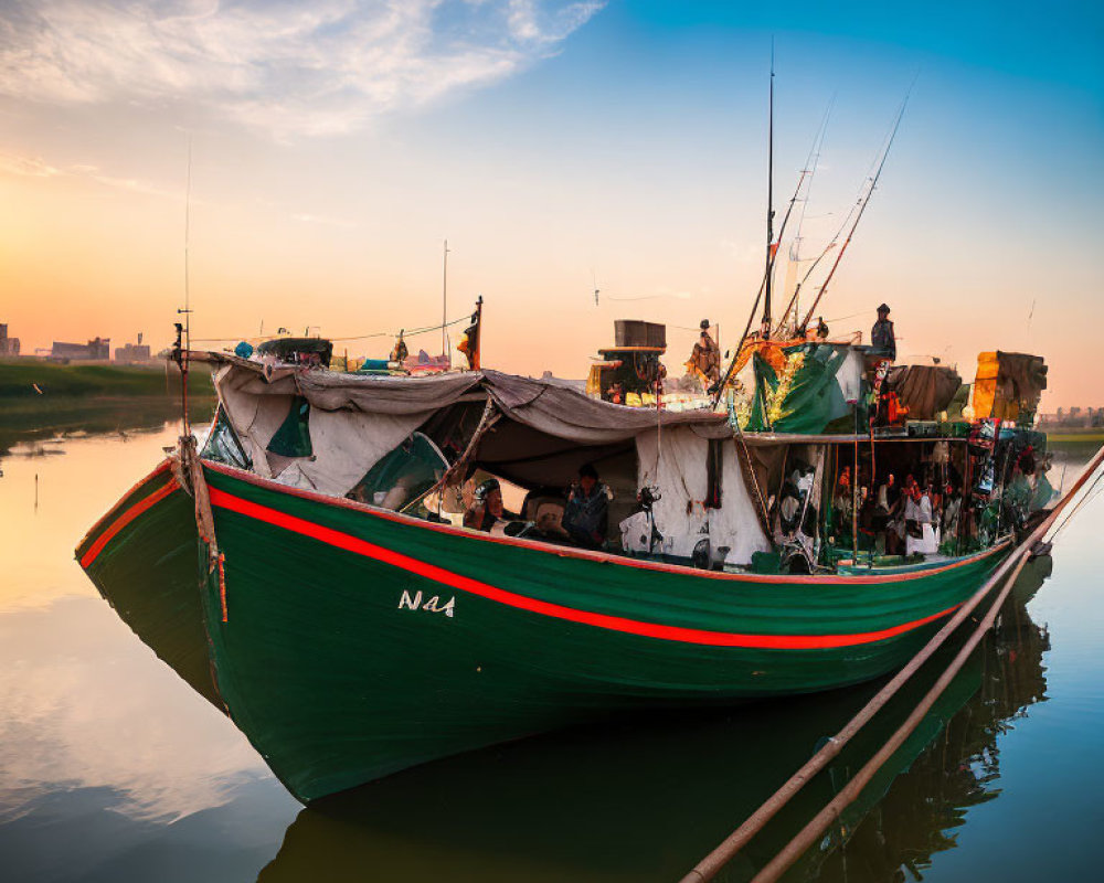 Green and Red Fishing Boat Moored at Sunset with Cityscape Background