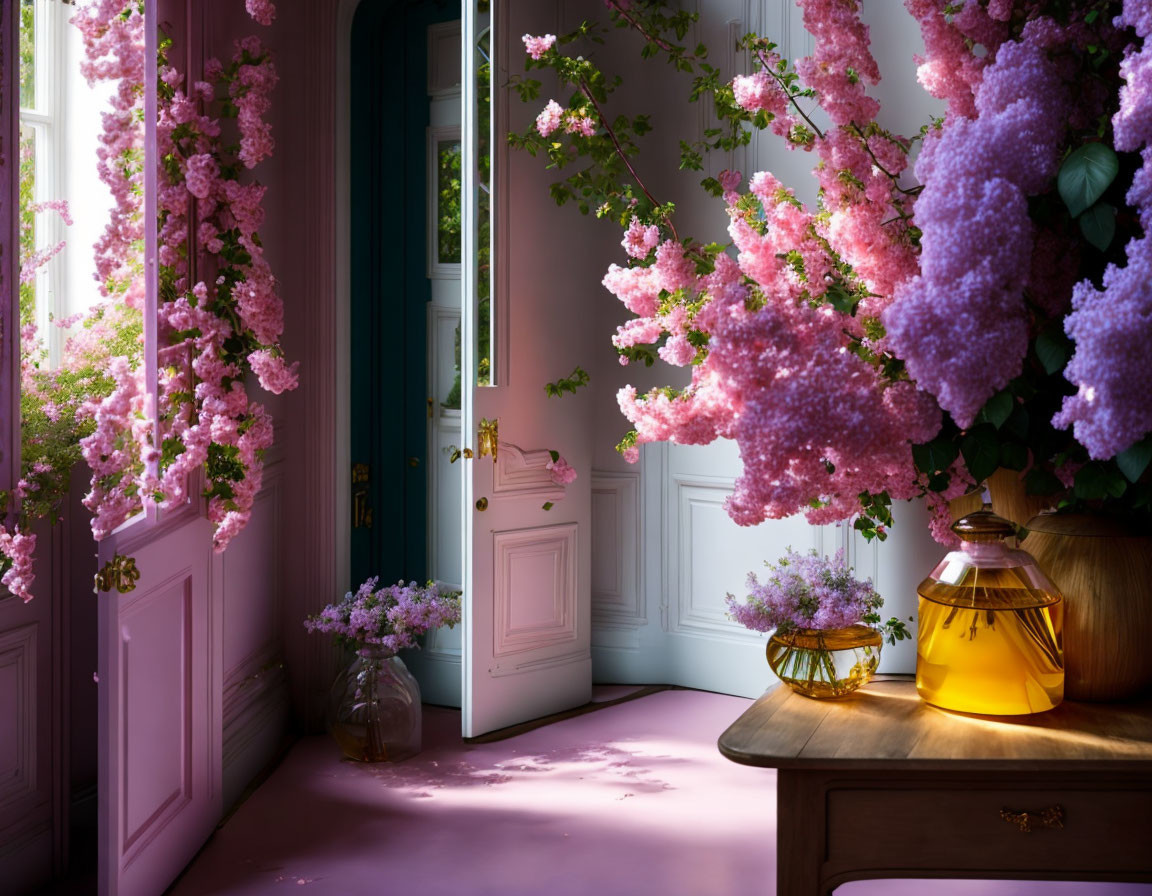 Sunlit room with pink blooms, wood table, and glass vases
