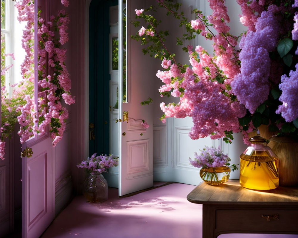 Sunlit room with pink blooms, wood table, and glass vases