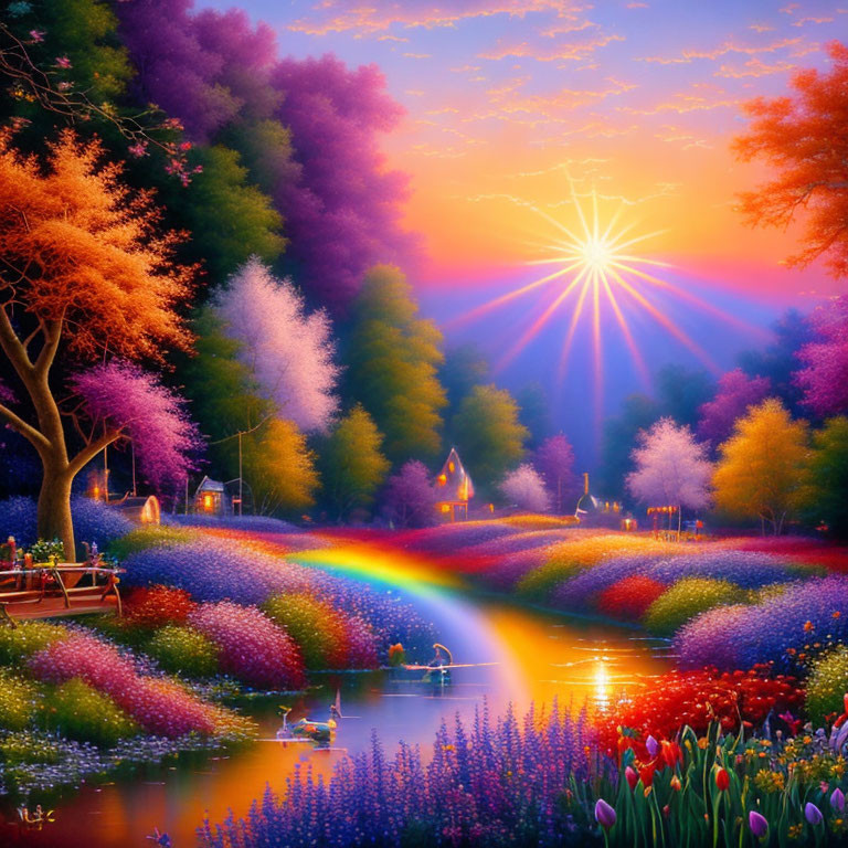 Colorful Landscape with Rainbow, Flowers, Pond, Swans, and Sunset Sky