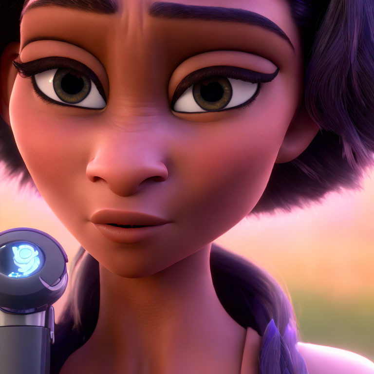 Detailed 3D animated female character with dark hair and robotic arm at sunset