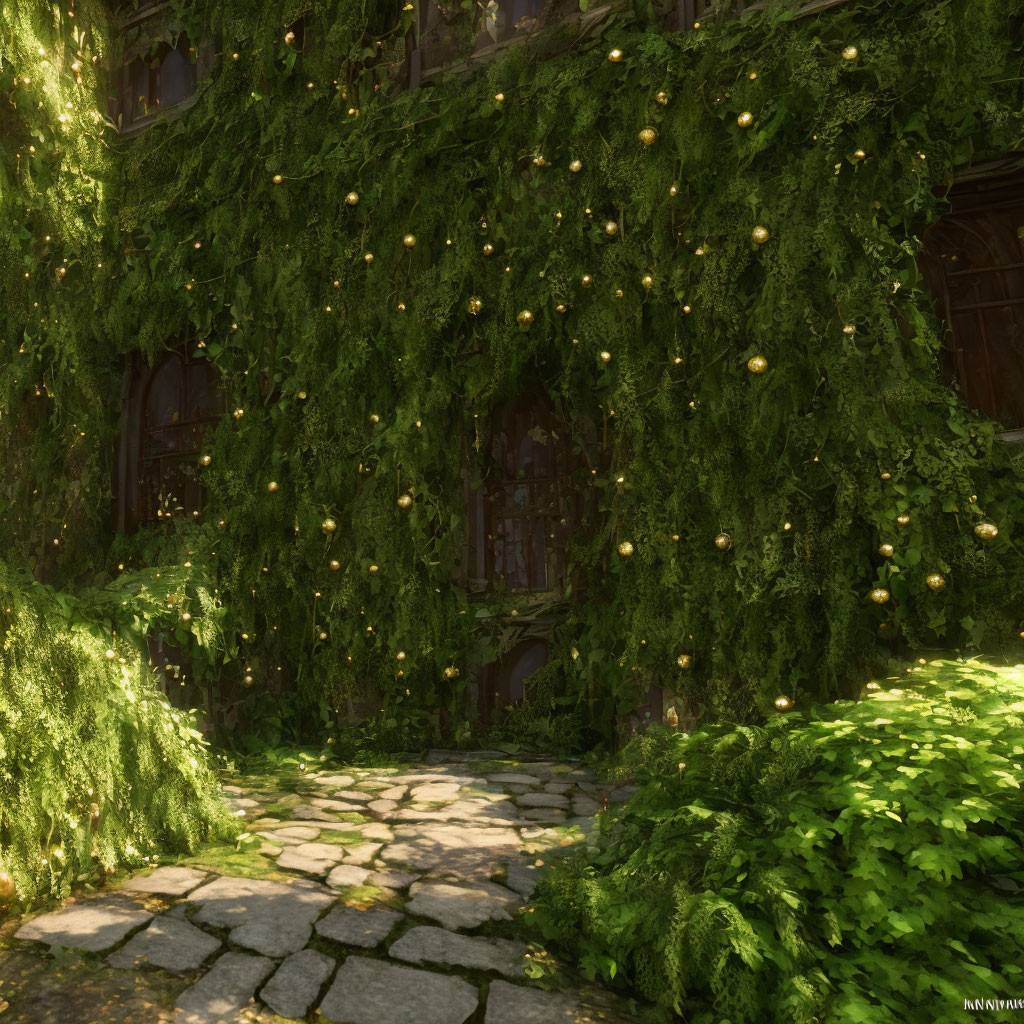 Overgrown stone path to old door surrounded by green ivy and yellow lights