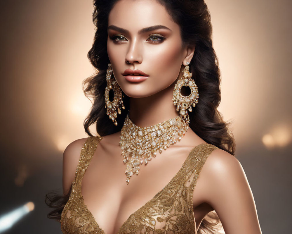 Woman with elegant makeup and intricate gold jewelry on warm backdrop