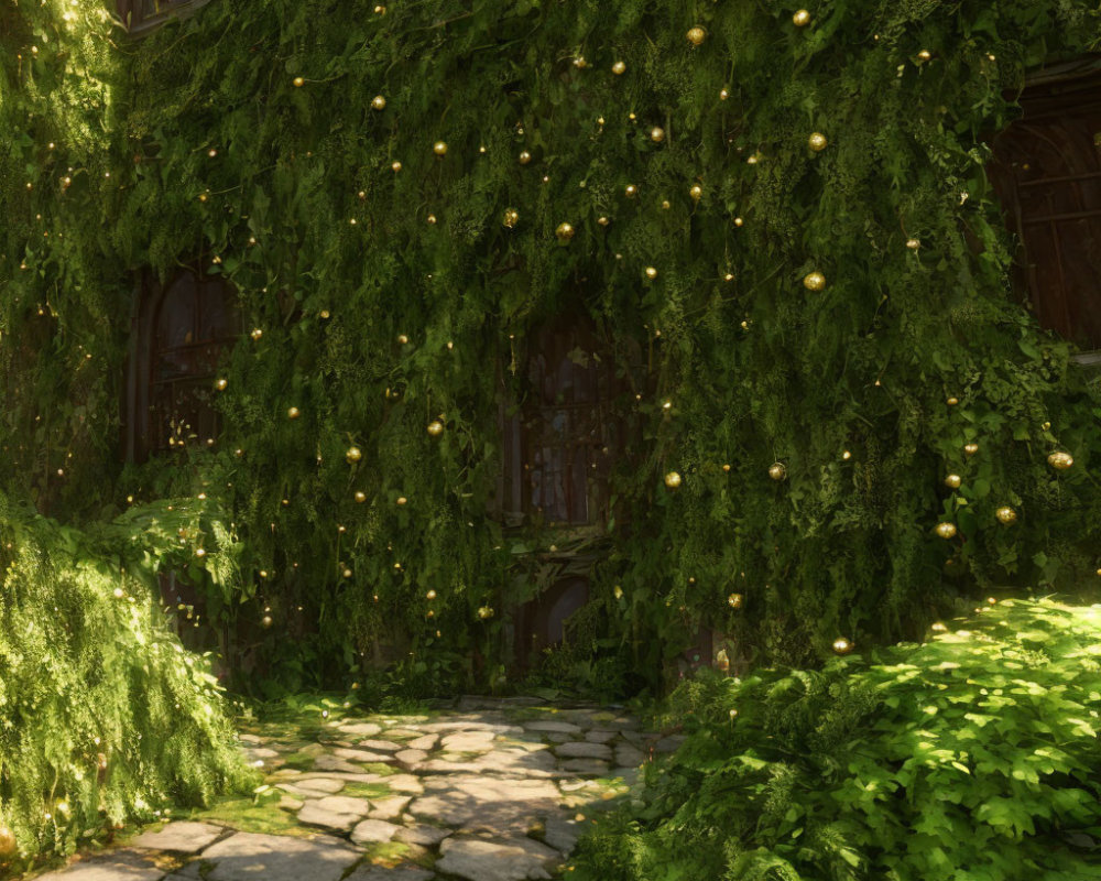 Overgrown stone path to old door surrounded by green ivy and yellow lights