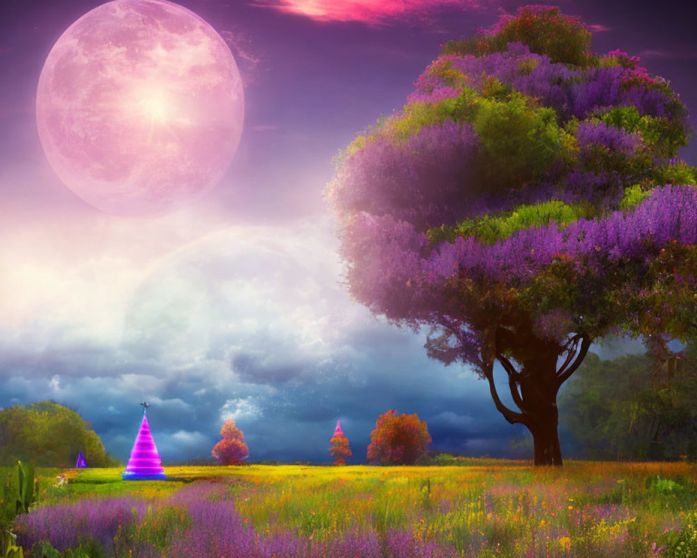 Colorful Fantasy Landscape with Pink Moon and Luminous Tree