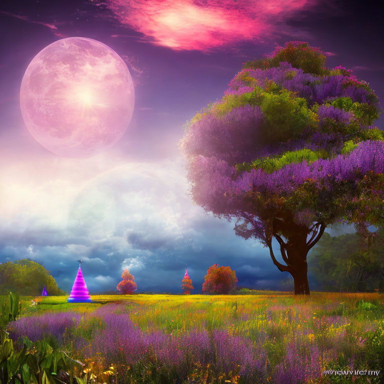 Colorful Fantasy Landscape with Pink Moon and Luminous Tree